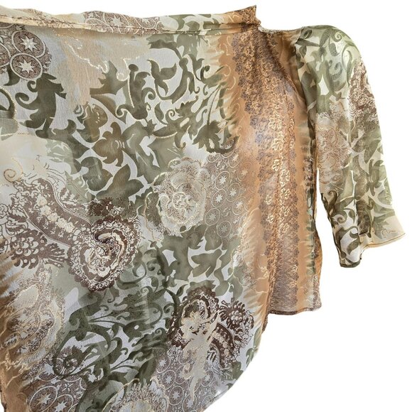 Paisley Kimono Shawl Cardigan Wrap Brown and Green and Gold OS  JJ4028 - Picture 7 of 9